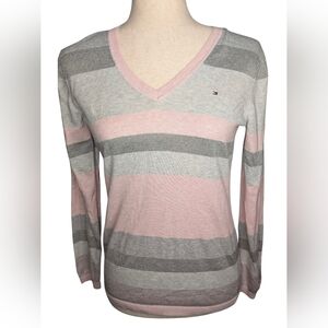 Vintage Striped Pink and Gray Sweater. Metallic Threading Of Silver/Pink